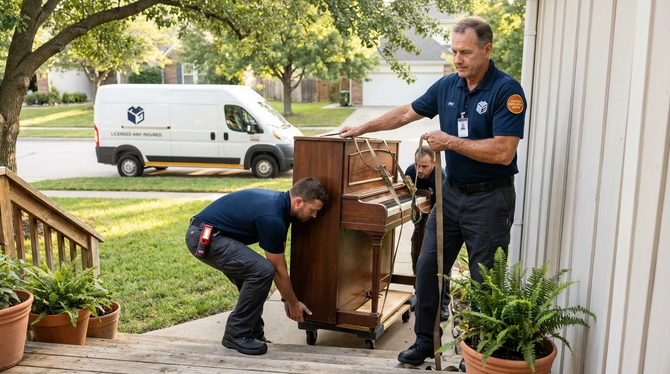 Licensed piano movers securing grand piano in Union City, OH
