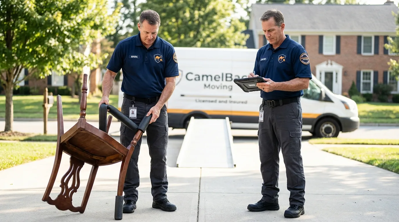 Movers inspecting furniture for damage prevention before loading in Union City, OH