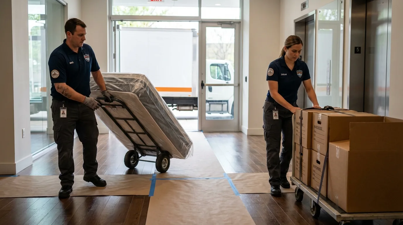 Professional apartment movers loading elevator in Union City, OH