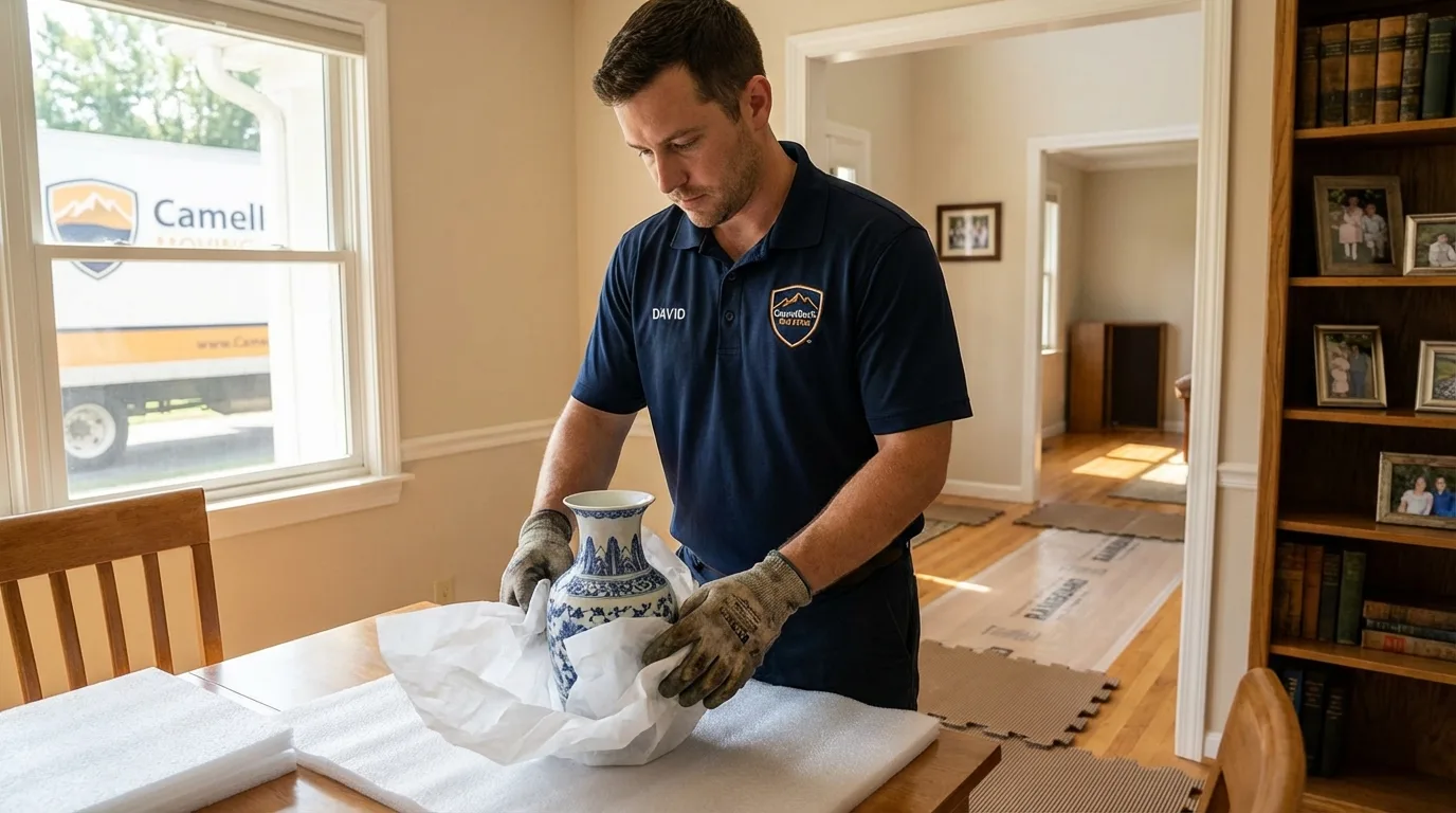 Professional crew carefully wrapping antique vase for senior downsizing move in Union City, OH